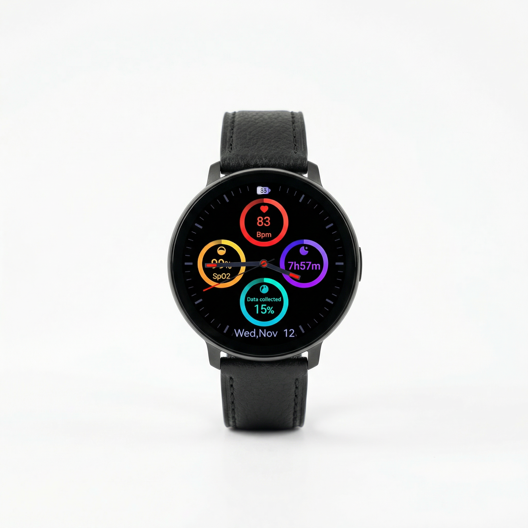 Watch2Care Vital Smartwatch (Black Case) - Black Leather Strap