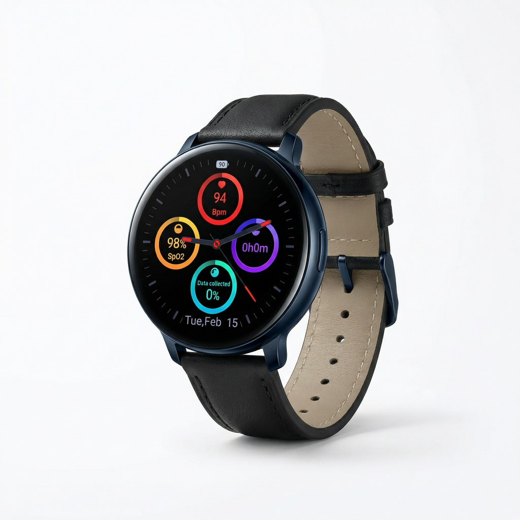 Watch2Care Vital Smartwatch (Navy Blue Case) - Black Leather Strap