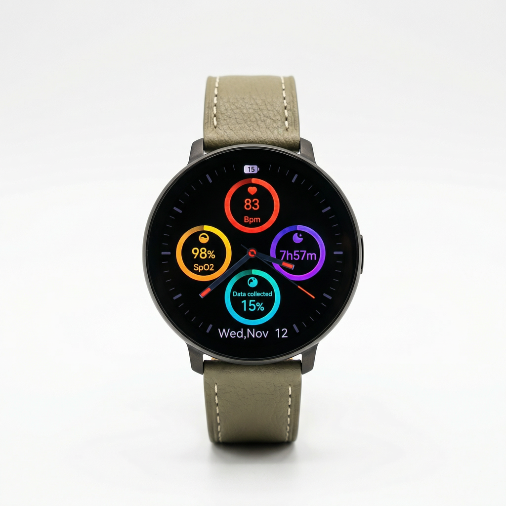 Watch2Care Vital Smartwatch (Black Case) - Light Beige Leather Strap