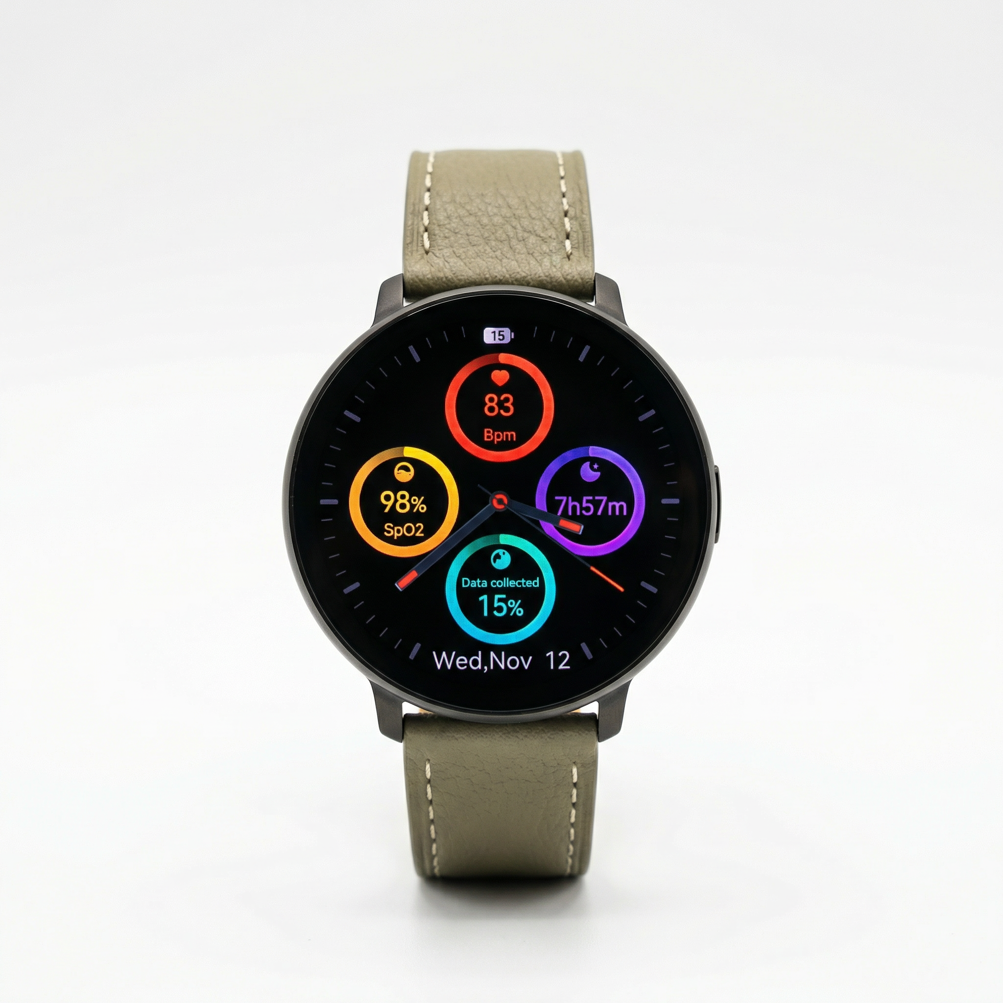 Watch2Care Vital Smartwatch (Black Case) - Light Beige Leather Strap