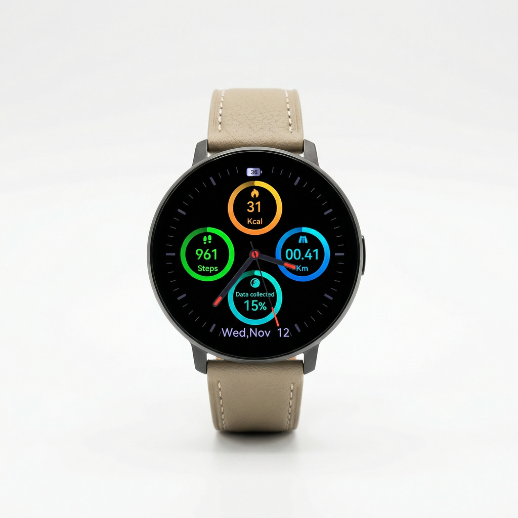 Watch2Care Vital Smartwatch (Black Case) - Light Beige Leather Strap