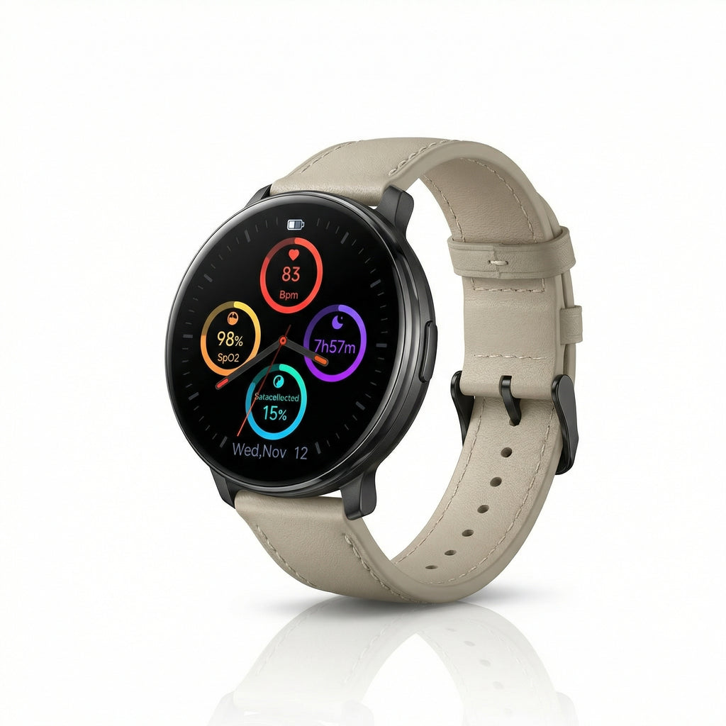 Watch2Care Vital Smartwatch (Black Case) - Light Beige Leather Strap