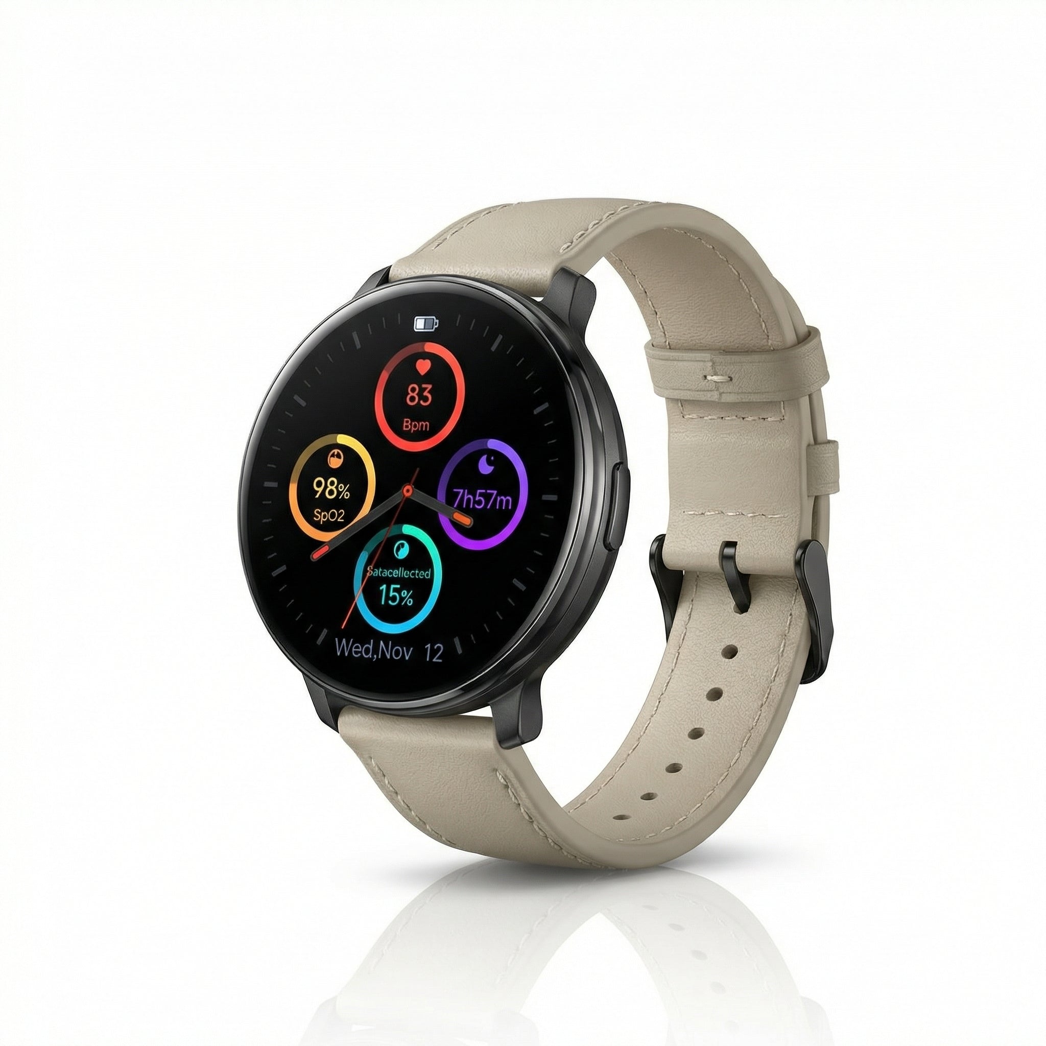 Watch2Care Vital Smartwatch (Black Case) - Light Beige Leather Strap