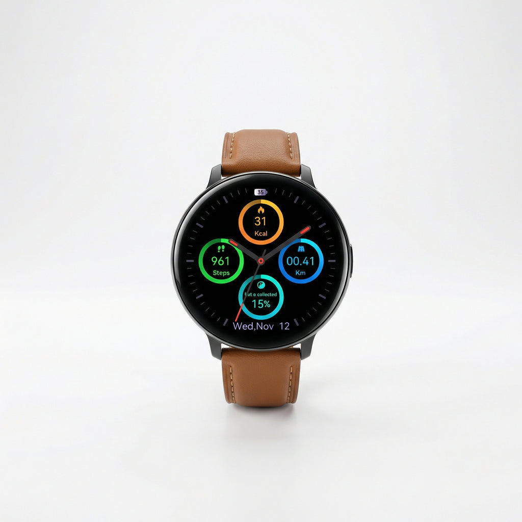 Watch2Care Vital Smartwatch (Black Case) - Brown Leather Strap