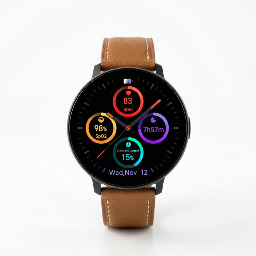 Watch2Care Vital Smartwatch (Black Case) - Brown Leather Strap