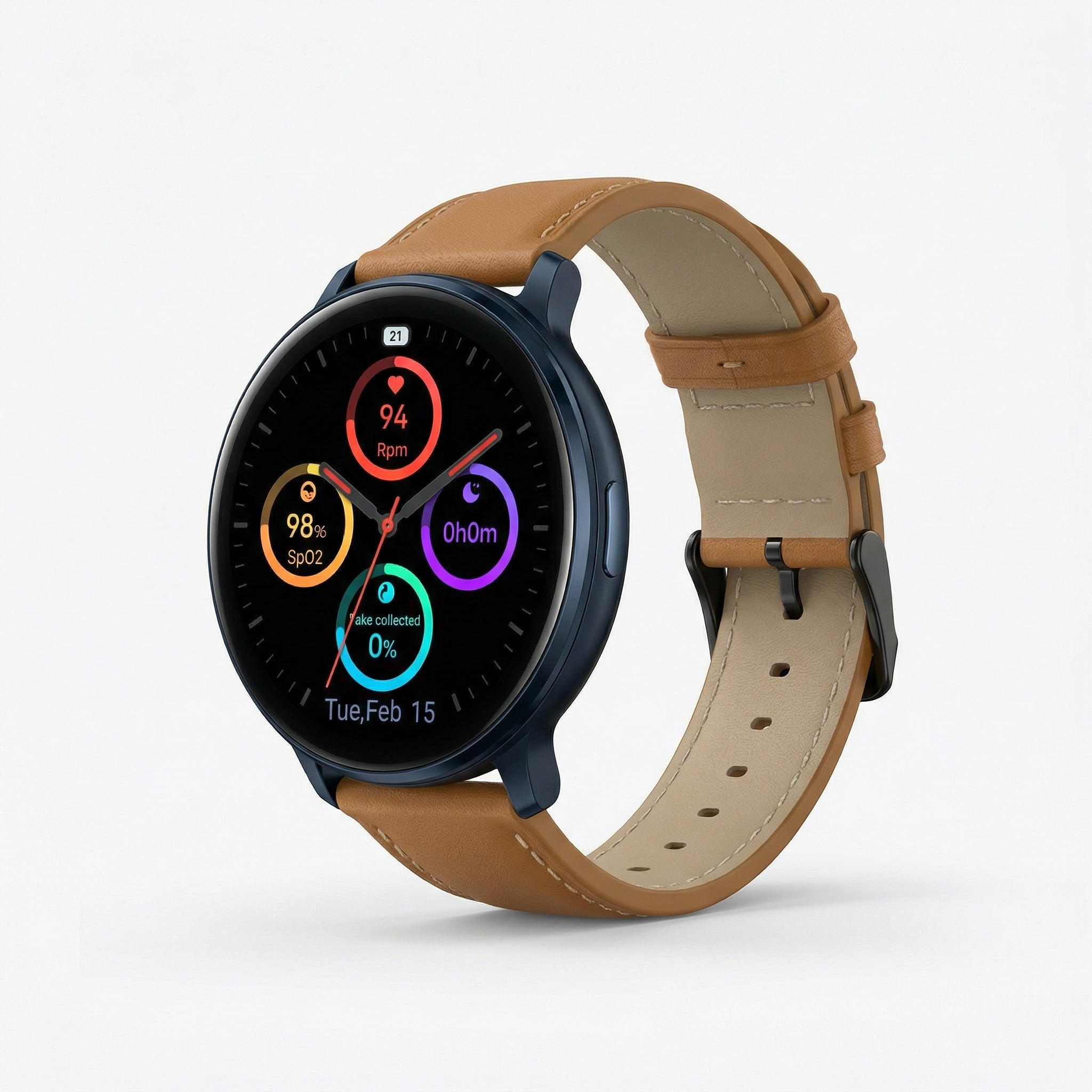 Watch2Care Vital Smartwatch (Navy Blue Case) - Brown Leather Strap