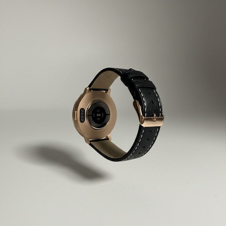 Watch2Care Vital Smartwatch (Rose Gold Case) - Black (with White Stitching) Leather Strap