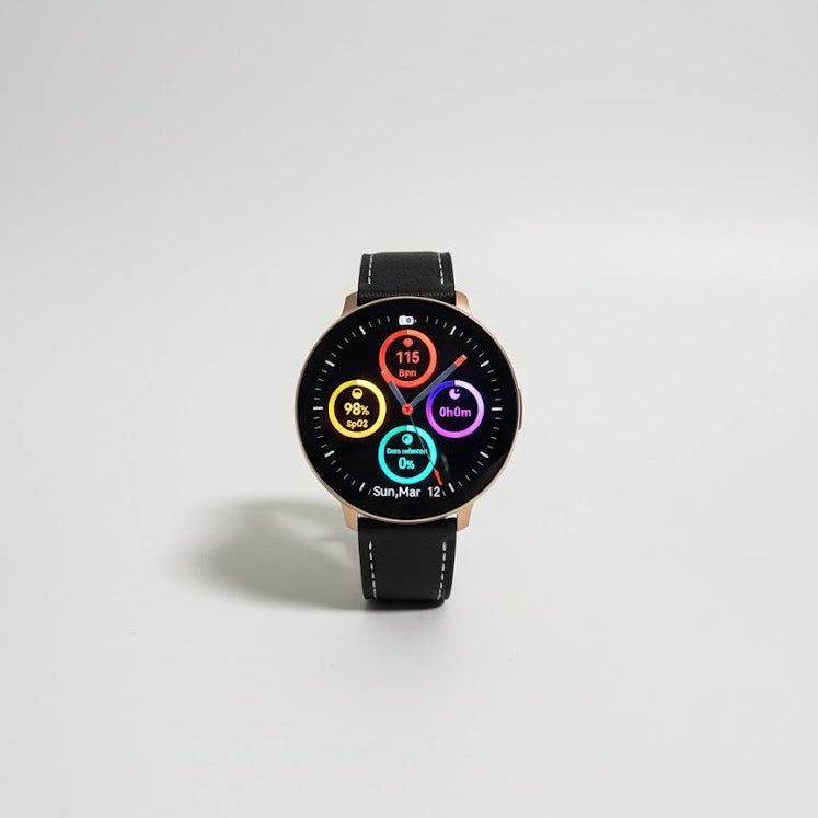 Watch2Care Vital Smartwatch (Rose Gold Case) - Black (with White Stitching) Leather Strap