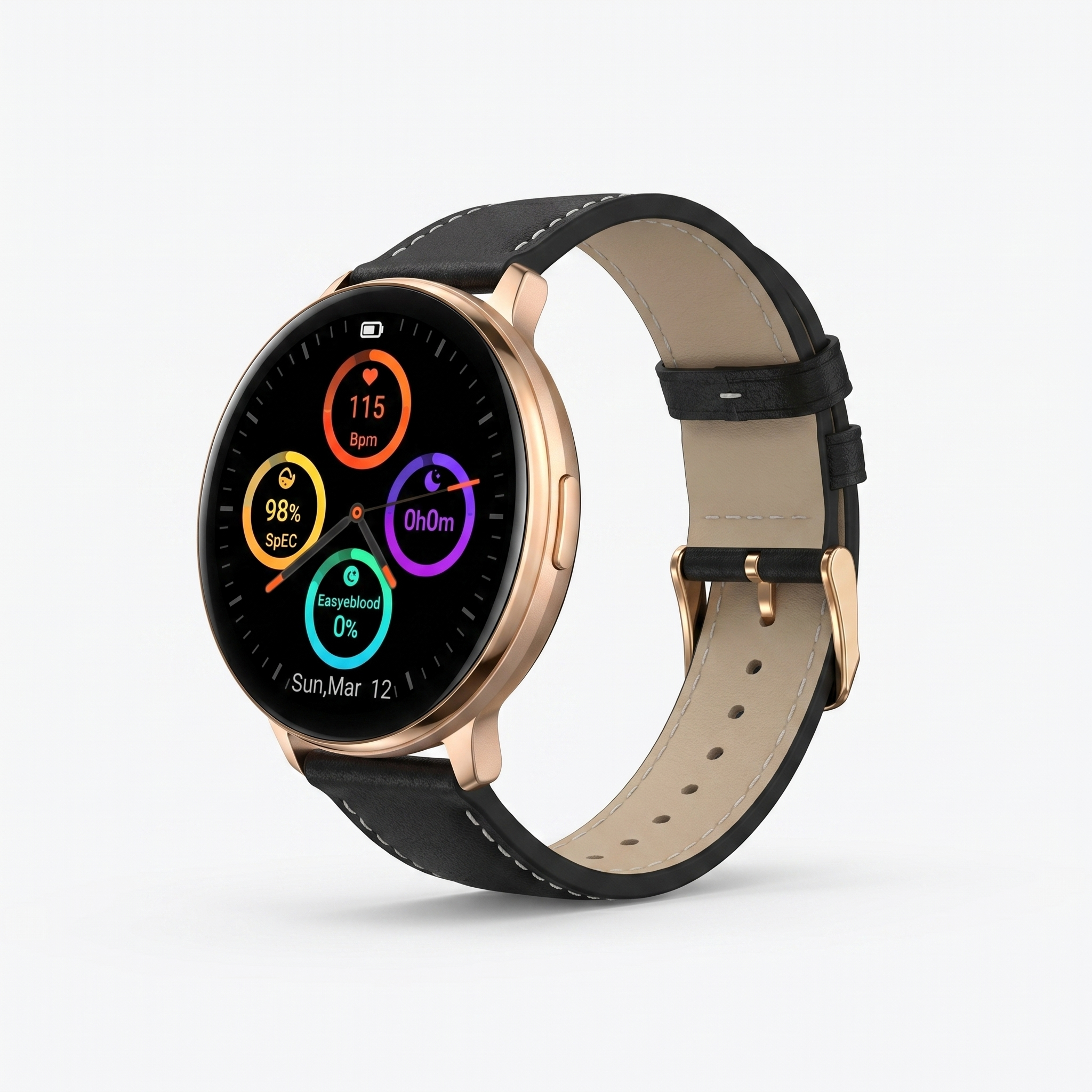 Watch2Care Vital Smartwatch (Rose Gold Case) - Black (with White Stitching) Leather Strap
