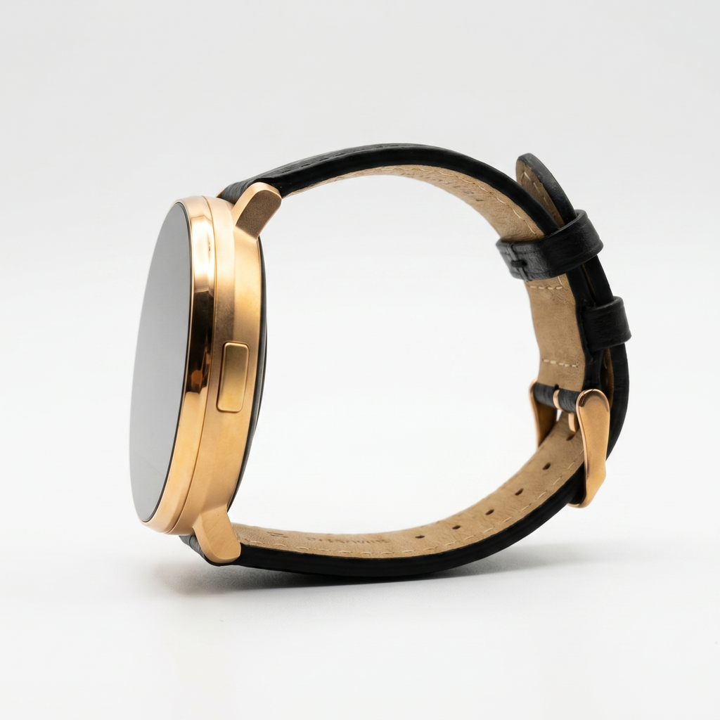 Watch2Care Vital Smartwatch (Rose Gold Case) - Black (with White Stitching) Leather Strap