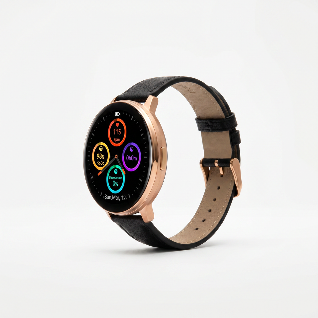 Watch2Care Vital Smartwatch (Rose Gold Case) - Black (with White Stitching) Leather Strap