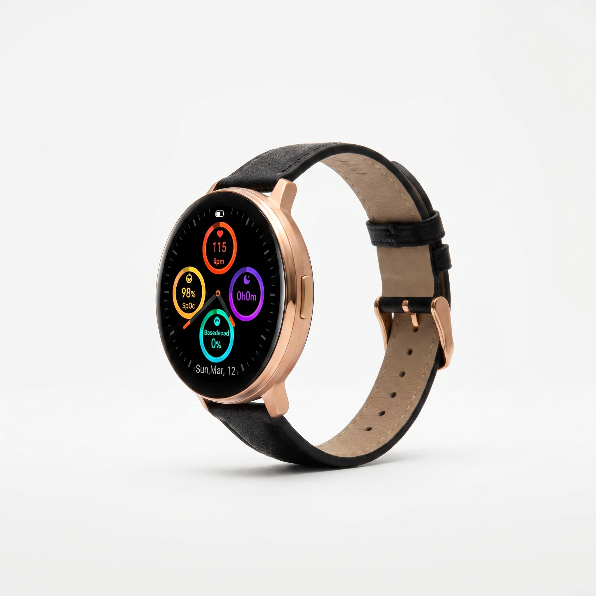 Watch2Care Vital Smartwatch (Rose Gold Case) - Black (with White Stitching) Leather Strap